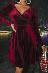 BXOXO - Velvet Deep V Neck Long Sleeve Mini Dress